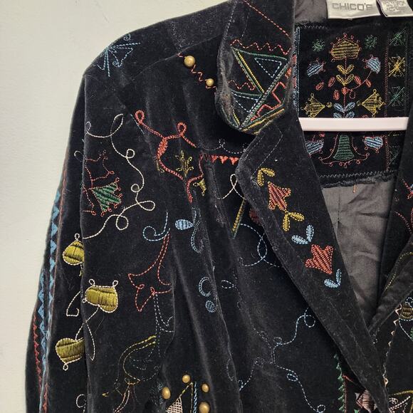 Chicos 1 Black Velvet Embroidered Blazer Jacket Size M 8 Studded Boho Whimsigoth - Picture 5 of 15